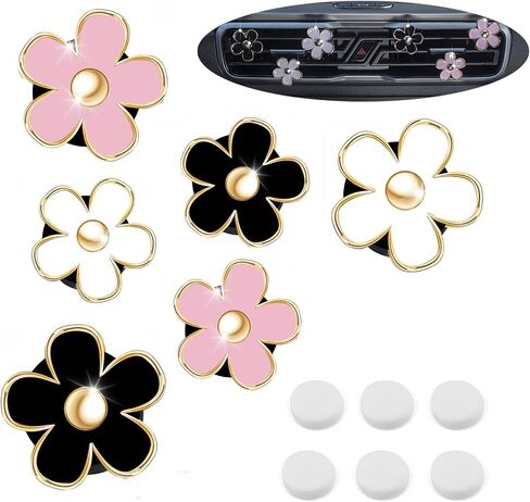 Daisy Car Decoration Flower Air Vent Clip Air Conditioning Outlet Clip Car Air Freshener Clip Car Interior Decor Charm Colorful Car Accessories for Women Interior Cute Set (4PCS-Black-No Scent) in Saudi Arabia
