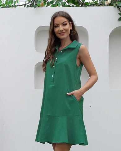Kedera Women's Tunic Shirt Mini Dress Cotton Linen Shirt Dress Button Up Ruffle Hem Shift Dresses in Saudi Arabia