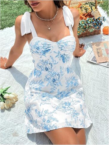 MakeMeChic Women's Floral Print Spaghetti Strap Ruched Bust Mini Dress High Waisted Shirred Boho Summer Dress in Saudi Arabia