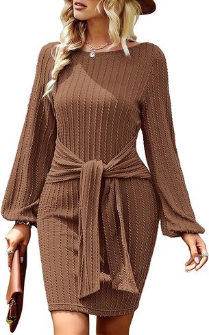 Zeagoo Women's Casual Knit Dress Fall Long Sleeve Bodycon Dress Crewneck Tie Waist Rib Knitted Sweater Dresses in Kuwait