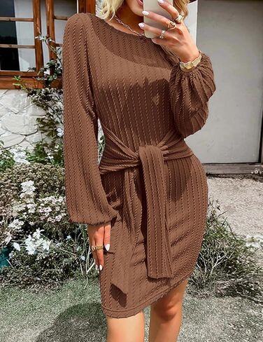 Zeagoo Women's Casual Knit Dress Fall Long Sleeve Bodycon Dress Crewneck Tie Waist Rib Knitted Sweater Dresses in Kuwait