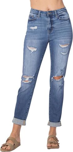 Judy Blue Women's High Waist Cuffed Destroyed Boyfriend Jeans in Saudi Arabia