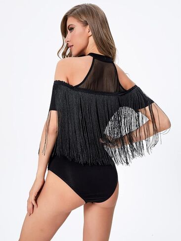 SweatyRocks Women's Short Sleeve Fringe Trim Top Cold Shoulder Sheer Mesh Slim Fit Bodysuit Top Black L in Saudi Arabia