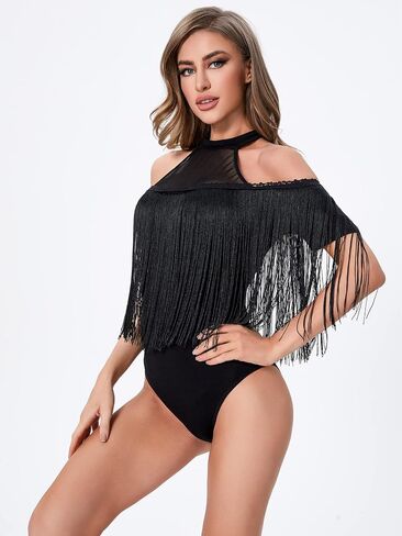 SweatyRocks Women's Short Sleeve Fringe Trim Top Cold Shoulder Sheer Mesh Slim Fit Bodysuit Top Black L in Saudi Arabia