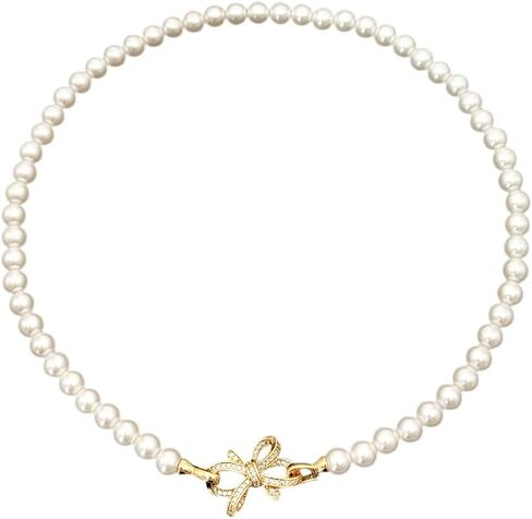 Pearl Bow Necklace Gold Shiny Pearl Rhinestones Bow Choker Necklaces for Women Gold Dainty Pearl Necklace Beach Charm Necklaces Beaded Jewelry Wedding Birthday Gifts Party Bar Accessories in Saudi Arabia