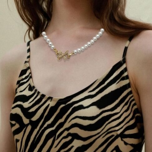 Pearl Bow Necklace Gold Shiny Pearl Rhinestones Bow Choker Necklaces for Women Gold Dainty Pearl Necklace Beach Charm Necklaces Beaded Jewelry Wedding Birthday Gifts Party Bar Accessories in Saudi Arabia