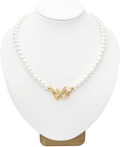 Pearl Bow Necklace Gold Shiny Pearl Rhinestones Bow Choker Necklaces for Women Gold Dainty Pearl Necklace Beach Charm Necklaces Beaded Jewelry Wedding Birthday Gifts Party Bar Accessories in Saudi Arabia