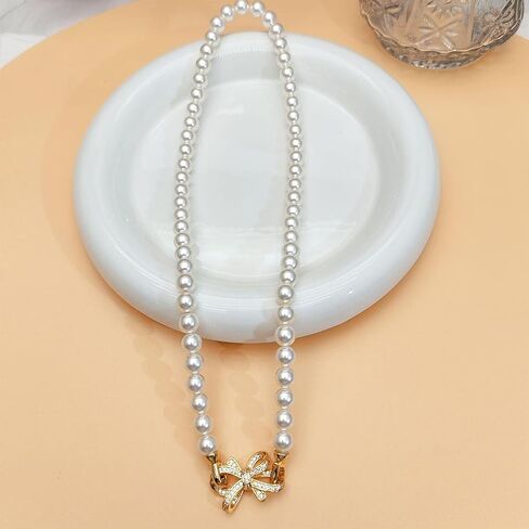 Pearl Bow Necklace Gold Shiny Pearl Rhinestones Bow Choker Necklaces for Women Gold Dainty Pearl Necklace Beach Charm Necklaces Beaded Jewelry Wedding Birthday Gifts Party Bar Accessories in Saudi Arabia