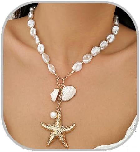 Gold Starfish Necklace for Women Sea Shell Necklaces Gold Layered Pearl Necklaces Beach Charm Necklace Shell Beaded Choker Necklace Trendy Summer Jewelry in Saudi Arabia