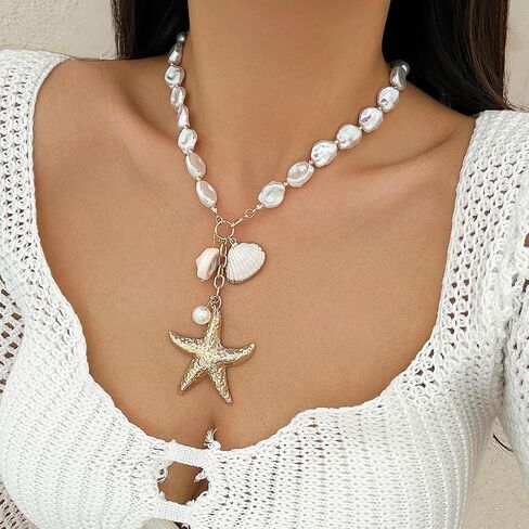 Gold Starfish Necklace for Women Sea Shell Necklaces Gold Layered Pearl Necklaces Beach Charm Necklace Shell Beaded Choker Necklace Trendy Summer Jewelry in Saudi Arabia