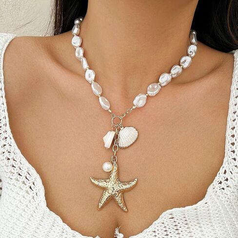 Gold Starfish Necklace for Women Sea Shell Necklaces Gold Layered Pearl Necklaces Beach Charm Necklace Shell Beaded Choker Necklace Trendy Summer Jewelry in Saudi Arabia