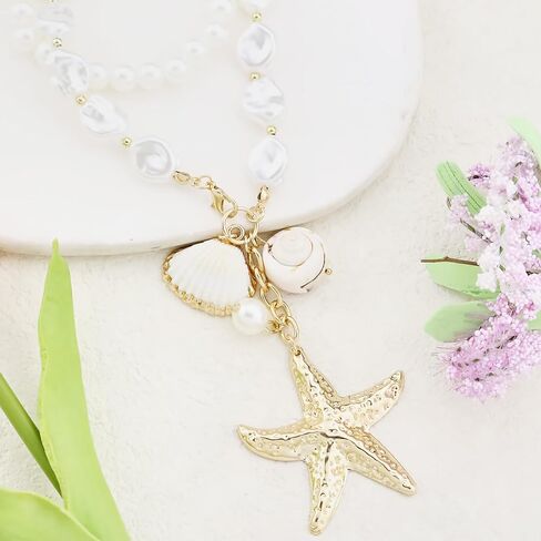 Gold Starfish Necklace for Women Sea Shell Necklaces Gold Layered Pearl Necklaces Beach Charm Necklace Shell Beaded Choker Necklace Trendy Summer Jewelry in Saudi Arabia