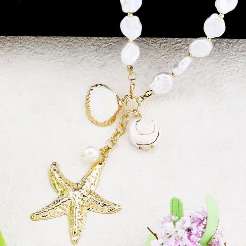 Gold Starfish Necklace for Women Sea Shell Necklaces Gold Layered Pearl Necklaces Beach Charm Necklace Shell Beaded Choker Necklace Trendy Summer Jewelry in Saudi Arabia