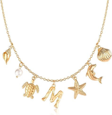 Initial Charm Necklace For Women, Boho Gold Summer Beach Surfer Letter Necklace Starfish Seashell Pearl Turtles Dolphin Charms Pendant, Trendy Pendant Alphabet Choker Necklace Jewelry Gifts for Teen in Saudi Arabia