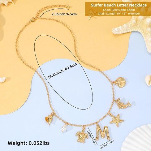 Initial Charm Necklace For Women, Boho Gold Summer Beach Surfer Letter Necklace Starfish Seashell Pearl Turtles Dolphin Charms Pendant, Trendy Pendant Alphabet Choker Necklace Jewelry Gifts for Teen in Saudi Arabia
