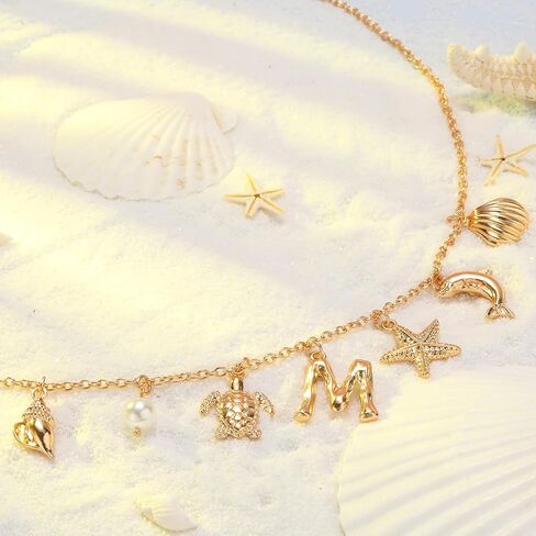Initial Charm Necklace For Women, Boho Gold Summer Beach Surfer Letter Necklace Starfish Seashell Pearl Turtles Dolphin Charms Pendant, Trendy Pendant Alphabet Choker Necklace Jewelry Gifts for Teen in Saudi Arabia