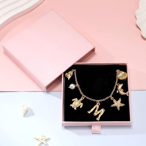 Initial Charm Necklace For Women, Boho Gold Summer Beach Surfer Letter Necklace Starfish Seashell Pearl Turtles Dolphin Charms Pendant, Trendy Pendant Alphabet Choker Necklace Jewelry Gifts for Teen in Saudi Arabia