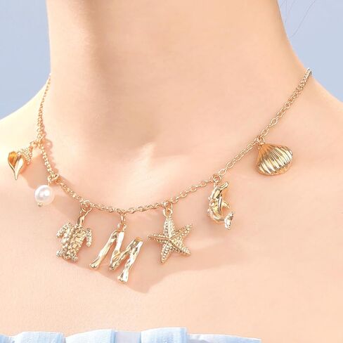 Initial Charm Necklace For Women, Boho Gold Summer Beach Surfer Letter Necklace Starfish Seashell Pearl Turtles Dolphin Charms Pendant, Trendy Pendant Alphabet Choker Necklace Jewelry Gifts for Teen in Saudi Arabia