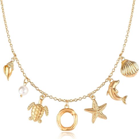 Initial Charm Necklace For Women, Boho Gold Summer Beach Surfer Letter Necklace Starfish Seashell Pearl Turtles Dolphin Charms Pendant, Trendy Pendant Alphabet Choker Necklace Jewelry Gifts for Teen in Saudi Arabia