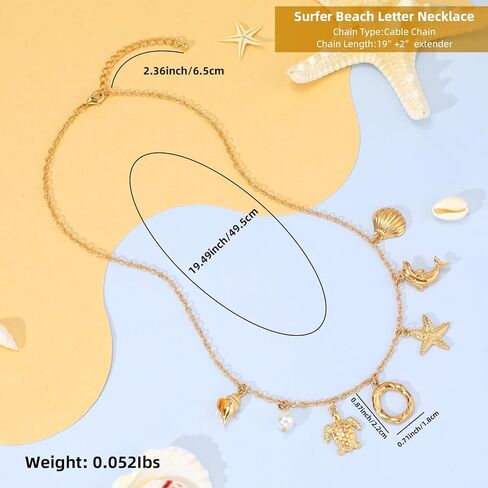 Initial Charm Necklace For Women, Boho Gold Summer Beach Surfer Letter Necklace Starfish Seashell Pearl Turtles Dolphin Charms Pendant, Trendy Pendant Alphabet Choker Necklace Jewelry Gifts for Teen in Saudi Arabia