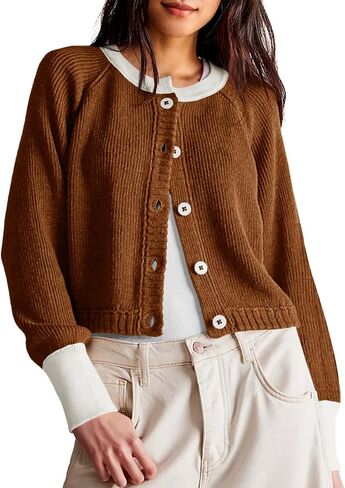 Saodimallsu Womens Cropped Cardigan Sweaters Button Down Open Front Long Sleeve Fall Trendy Color Block Knit Coats in Saudi Arabia