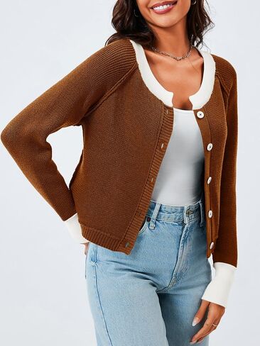 Saodimallsu Womens Cropped Cardigan Sweaters Button Down Open Front Long Sleeve Fall Trendy Color Block Knit Coats in Saudi Arabia