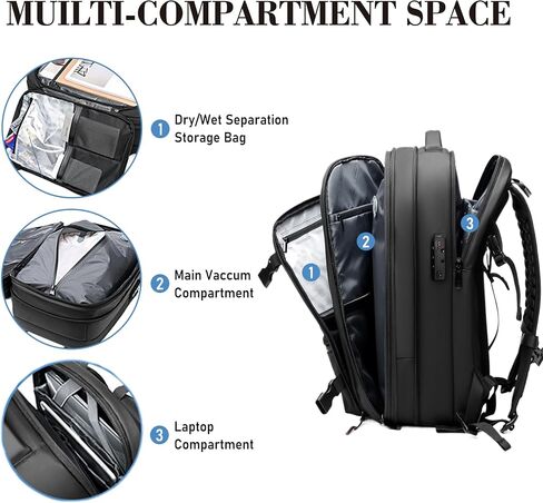 Vacuum Seal Backpack Travel 60L Expandable Air Compression System, Airback Vacpack Backpack TSA Lock Water Resistant Carry-On Luggage (Black, with Pump) in Kuwait