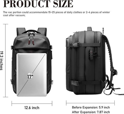 Vacuum Seal Backpack Travel 60L Expandable Air Compression System, Airback Vacpack Backpack TSA Lock Water Resistant Carry-On Luggage (Black, with Pump) in Kuwait