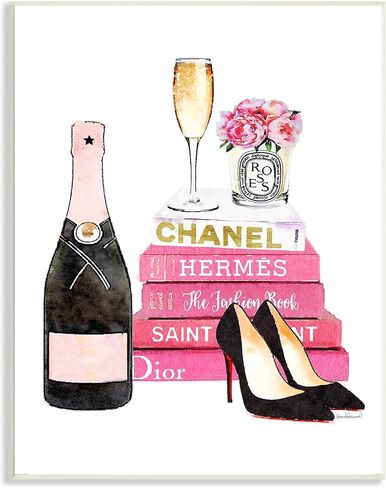 لوحة فنية جدارية من Stupell Industries Glam Pink Fashion Book ذات الكعب الشامبانيا والزهور، صُنعت بفخر في الولايات المتحدة الأمريكية in Kuwait