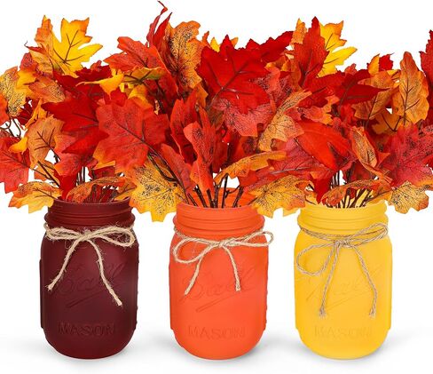 Whaline Fall Mason Jar Table Centerpiece with Faux Maple Leaves Set of 3 Autumn Leaf Branch Farmhouse Tabletop Decor Fall Mason Jar Table Sign Thanksgiving Tiered Tray Decor for Fall Home Kitchen in Saudi Arabia