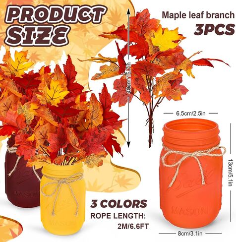 Whaline Fall Mason Jar Table Centerpiece with Faux Maple Leaves Set of 3 Autumn Leaf Branch Farmhouse Tabletop Decor Fall Mason Jar Table Sign Thanksgiving Tiered Tray Decor for Fall Home Kitchen in Saudi Arabia