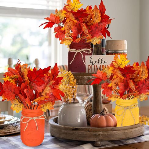 Whaline Fall Mason Jar Table Centerpiece with Faux Maple Leaves Set of 3 Autumn Leaf Branch Farmhouse Tabletop Decor Fall Mason Jar Table Sign Thanksgiving Tiered Tray Decor for Fall Home Kitchen in Saudi Arabia