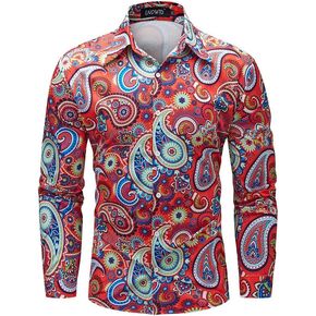 Men's 60s 70s Floral Dress Shirts Vintage Linen Pattern Long Sleeve Printed Stylish Retro Disco Casual Button Down