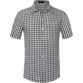 Lars Amadeus Checked Shirts for Men's Short Sleeves Button Formal Plaid Tartan Dress Shirt