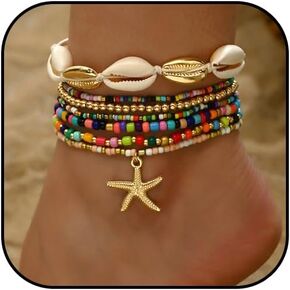 Shell Anklets Bracelet for Women Colorful Stackable Puka Shell Anklet Boho Seashell Beaded Anklet Hawaii Summer Beach Waterproof Surfer Starfish Anklets for Women