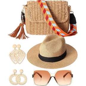 5 PCS Straw Beach Bag and Wide Brim Straw Sun Hat with Rattan Boho Earrings Sunglasses Set Summer Shoulder Bag Beach Packable Travel Hat Beach Earrings for Women Summer Beach Vacation