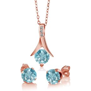 Gem Stone King 18K Rose Gold Plated Silver Blue Zircon and White Diamond Pendant and Earrings Jewelry Set For Women (3.65 Cttw, with 18 Inch Chain)