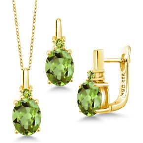 Gem Stone King 18K Yellow Gold Plated Silver Green Peridot Pendant and Earrings Jewelry Set For Women (6.37 Cttw, Gemstone Birthstone, Oval 9X7MM, with 18 Inch Chain)
