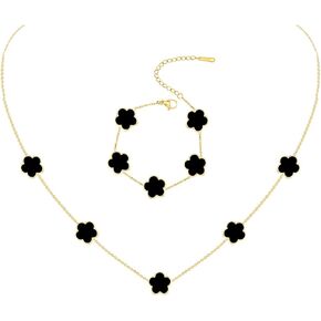 Gold Plated Stainless Steel Flower Bracelet and Necklace Jewelry Set for Women