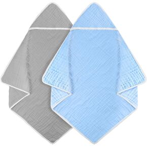 Chumia 2 Pieces Muslin Hooded Baby Towels for Newborn Girls Boys 32"x 32" Cotton Infant Bath Towel Absorbent Unisex Hooded Blankets for Babies Toddler, Newborn Registry Baby Gift (Gray,Green)
