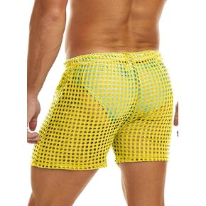 MIZOK Men's Mesh Short Sexy Fishnet See Through Boxer Shorts Lounge Swim Cover