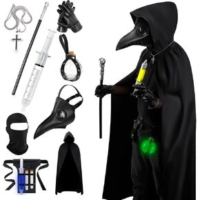 Mens Halloween Costumes Adult Plague Doctor Mask, 11Pcs Plague Doctor Costume, Scary Halloween Mask for Adults