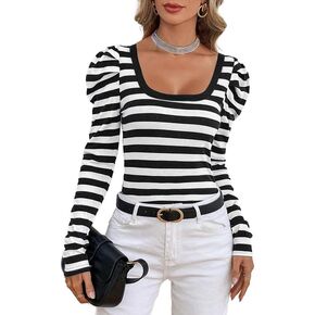 Dokotoo Women's Sexy Lace Square Neck Bodysuit Long Sleeve Striped Sexy Tee Shirt Blouse