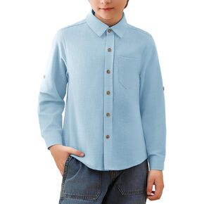 Haloumoning Boys Linen Button Down Dress Shirt Kids Long Sleeve Shirts Tops with Chest Pocket 5-14 Years