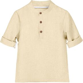 Boys Linen Henley Shirt for Kids Button Down Long Sleeve Dress Shirts Summer Beach Casual T Shirt