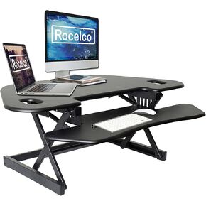 Rocelco 46" Height Adjustable Corner Standing Desk Converter with AC Outlet USB Charger and Dual Monitor Arm Mount - Stand Up Tabletop Riser Workstation - Keyboard Tray - Black (R CADRB-46-ACUSB-MA2)