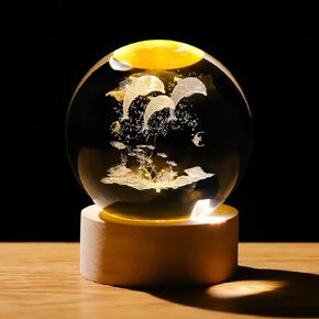 Crystal 3D Lion 2.36in Ball Figurine Gifts for Him Husband, Collectible Glass Animal Art Sphere for Room with Wooden Light Base, Keepsakes for Lion Lovers Home Decor Paperweight