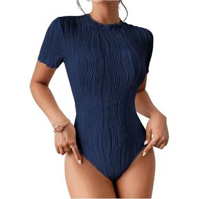 Milumia Women's Textured Mock Neck Short Sleeve Bodysuits Slim Fitted Shirt Tops