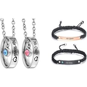 MJartoria Bundle Matching Necklaces for Couples, Couples Bracelets, Personalized Matching Bracelets His and Hers Engraved Rhinestone Ring Pendant Set for Wife Husband