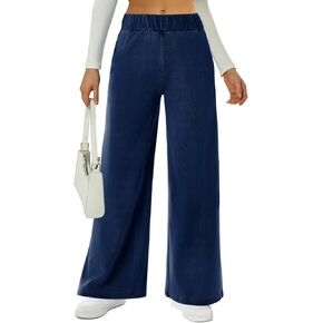 FireSwan Women's Wide Leg Jeans Mid Rise Elastic Waist Stretchy Baggy Loose Casual Denim Pants with Pockets